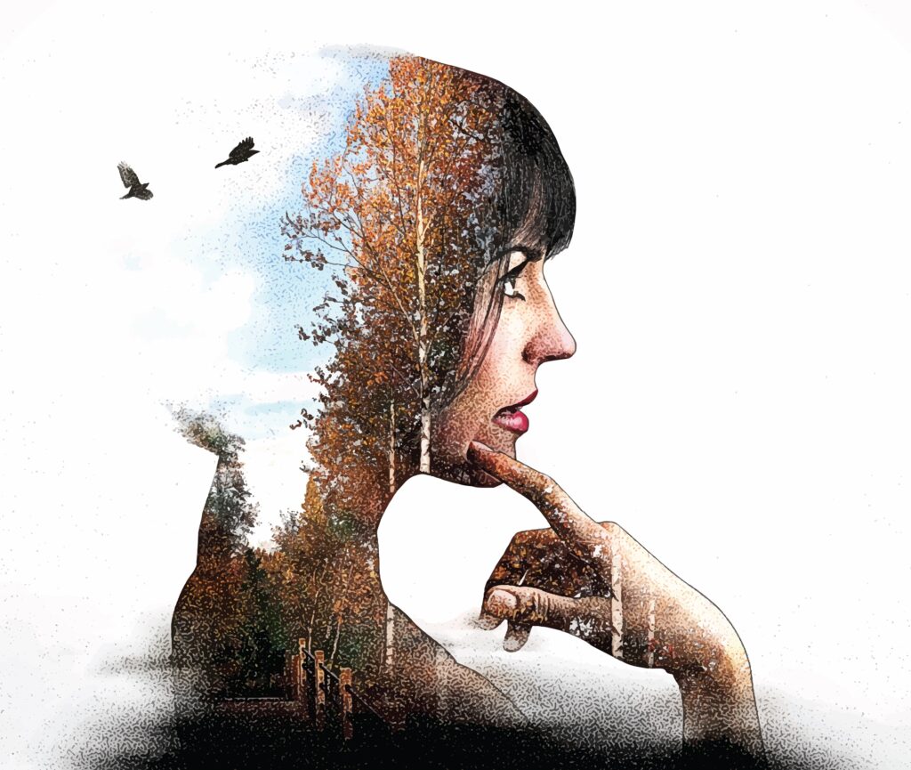 multiple exposure of young woman and forest footpath and birds